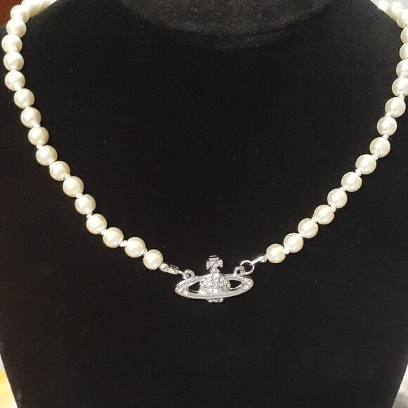 New Silver Saturn Pearl Necklace New With Tags Women's 16" - Picture 3 of 5